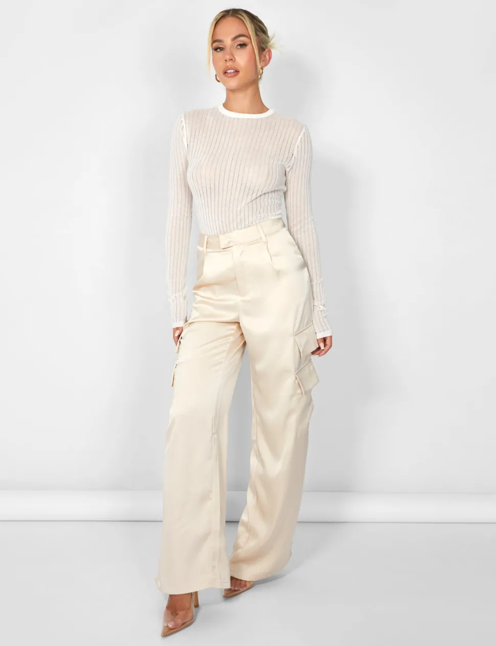 Online Kaiia Satin Wide Leg Cargos in Beige Trousers