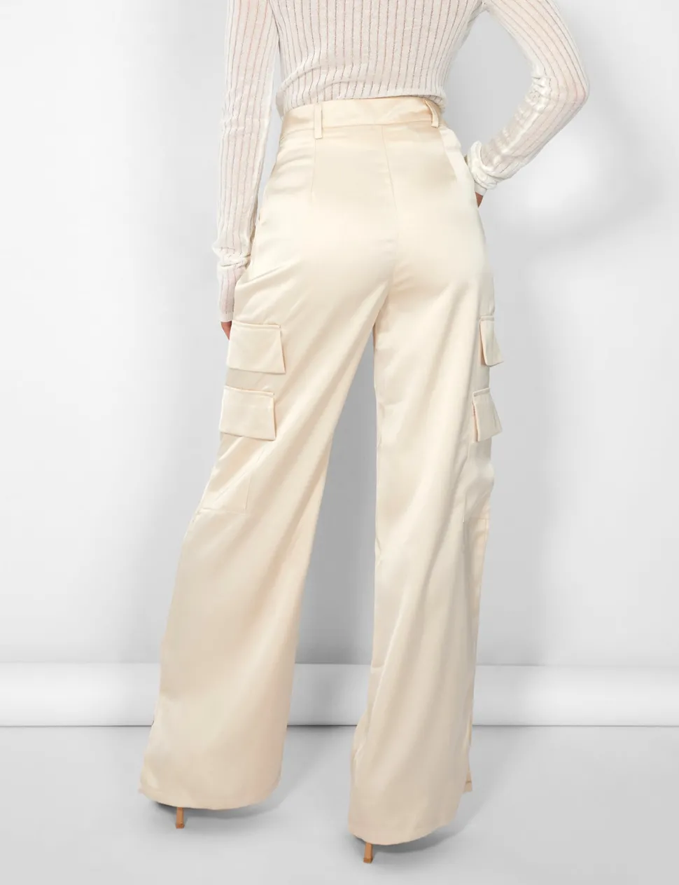 Online Kaiia Satin Wide Leg Cargos in Beige Trousers