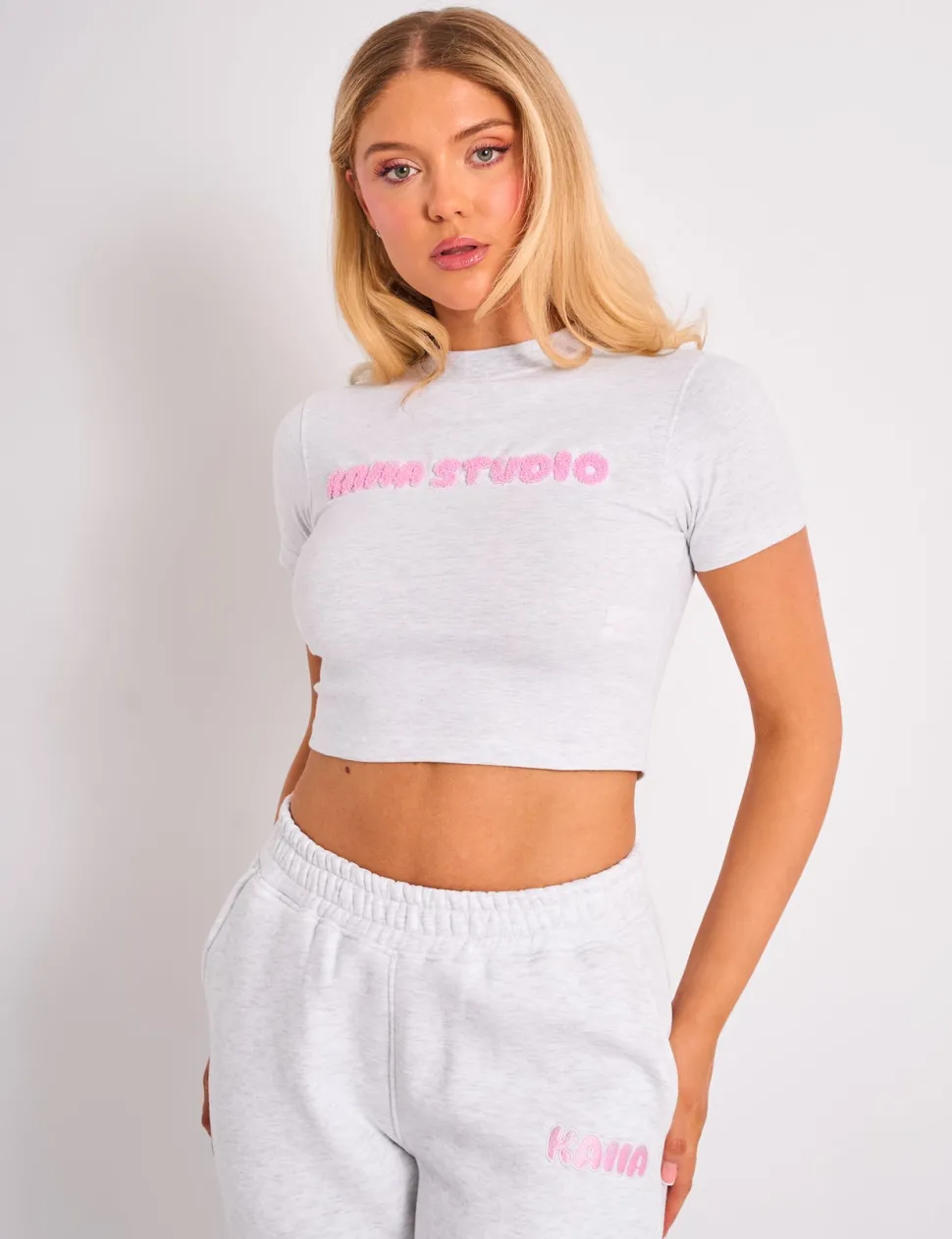 Clearance Kaiia Studio Borg Bubble Baby Tee Grey Marl & Pink Sculpt & Leisure | Kaiia The Label