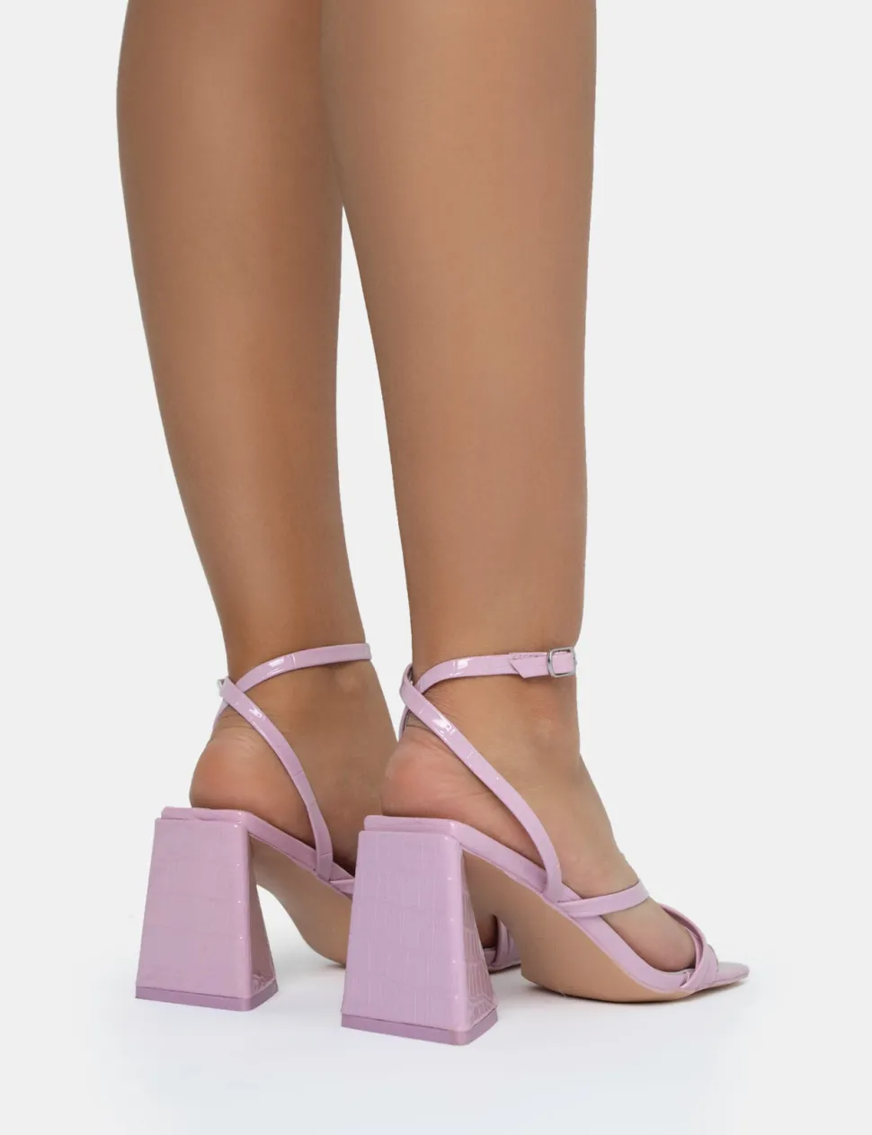 Discount Kasia Lilac Croc Strappy Square Toe Mid Flared Block Heels Square Toe Heels | Block Heels