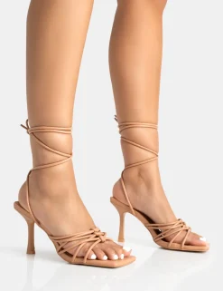 Sale Keri Nude Pu Strappy Lace Up Mid Heels Strappy Heels | Lace Up Heels