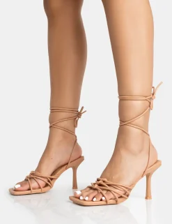 Hot Keri Wide Fit Nude Pu Strappy Lace Up Mid Heels Wide Fit Heels | Wide Fit Heels