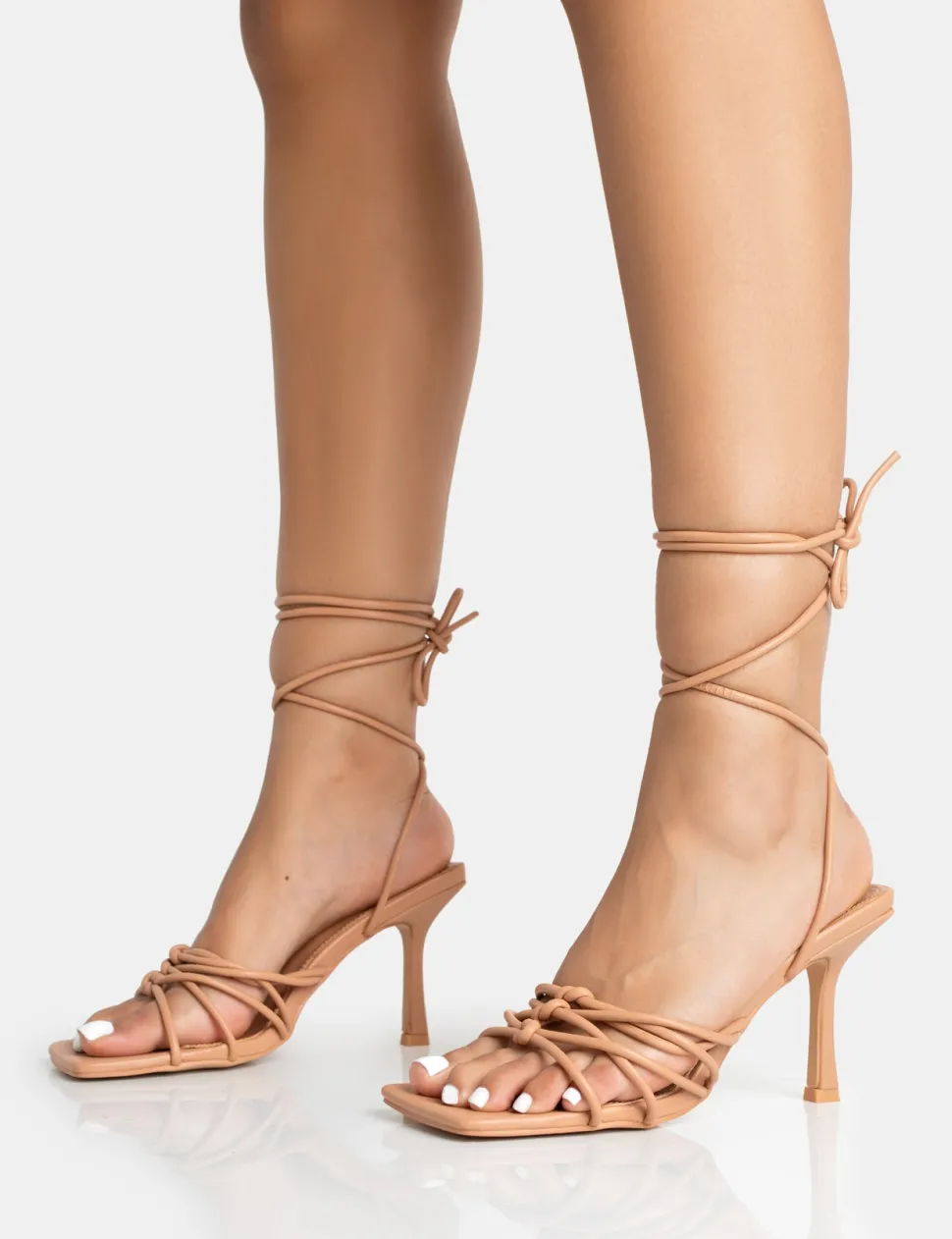 Hot Keri Wide Fit Nude Pu Strappy Lace Up Mid Heels Wide Fit Heels | Wide Fit Heels