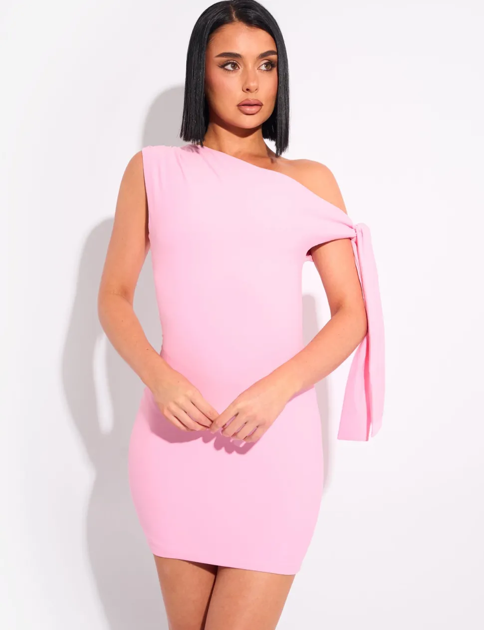 Fashion Knot Detail Asymmetric One Shoulder Luxe Slinky Mini Dress Dresses