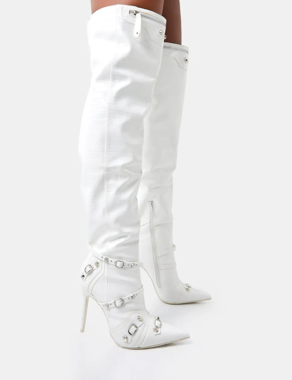 Discount Kodak Croc Pointed Toe Zip Detail Over The Knee Boots Heeled Boots | Over The Knee Boots