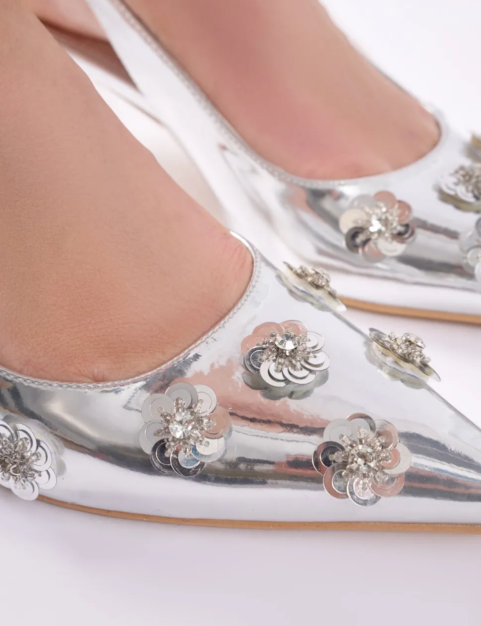 Best Kyle Floral Embellishment Mirror Slingback Kitten Heel Court Shoes Court Heels | Silver Heels