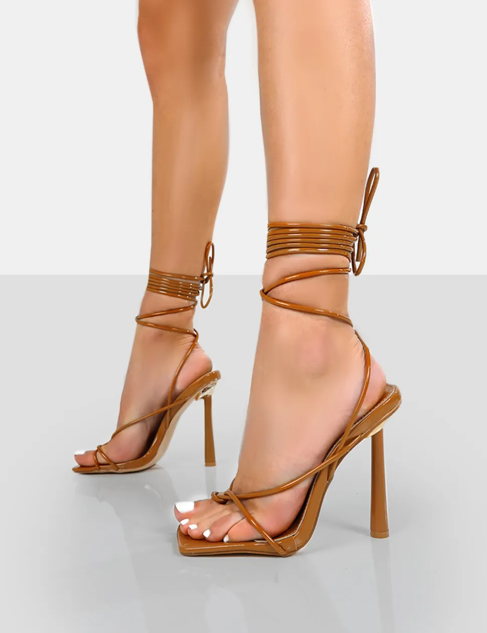 Cheap Lacey Caramel Square Toe Strappy Lace Up Stiletto Heels 5" Heels | Square Toe Heels
