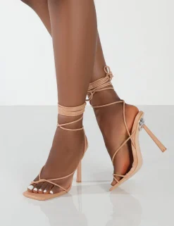 Online Lacey Wide Fit Nude PU Square Toe Strappy Lace Up Stiletto Heels Back In Stock | 5
