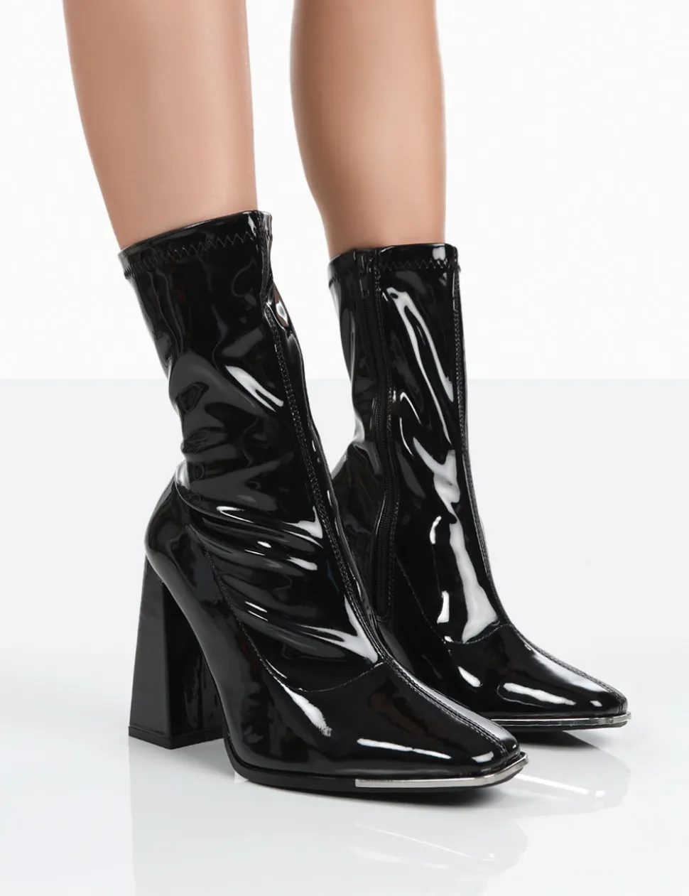 Discount Liberty Black Patent Sock Block Heeled Ankle Boots Sock Boots | Ankle Boots