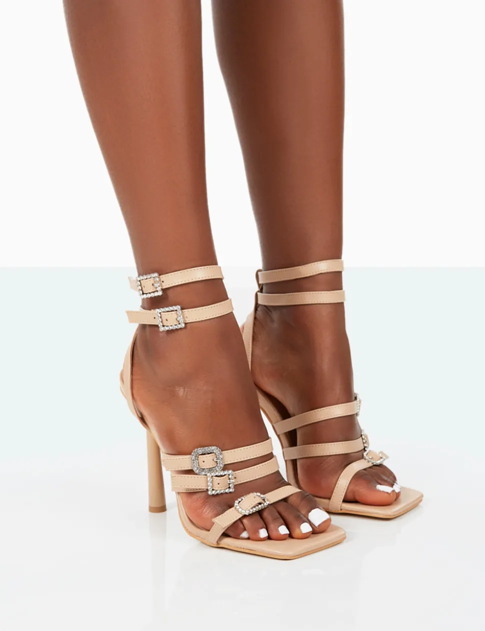 Online Lindsey Nude Pu Strappy Square Toe Stiletto Heels Strappy Heels | Square Toe Heels