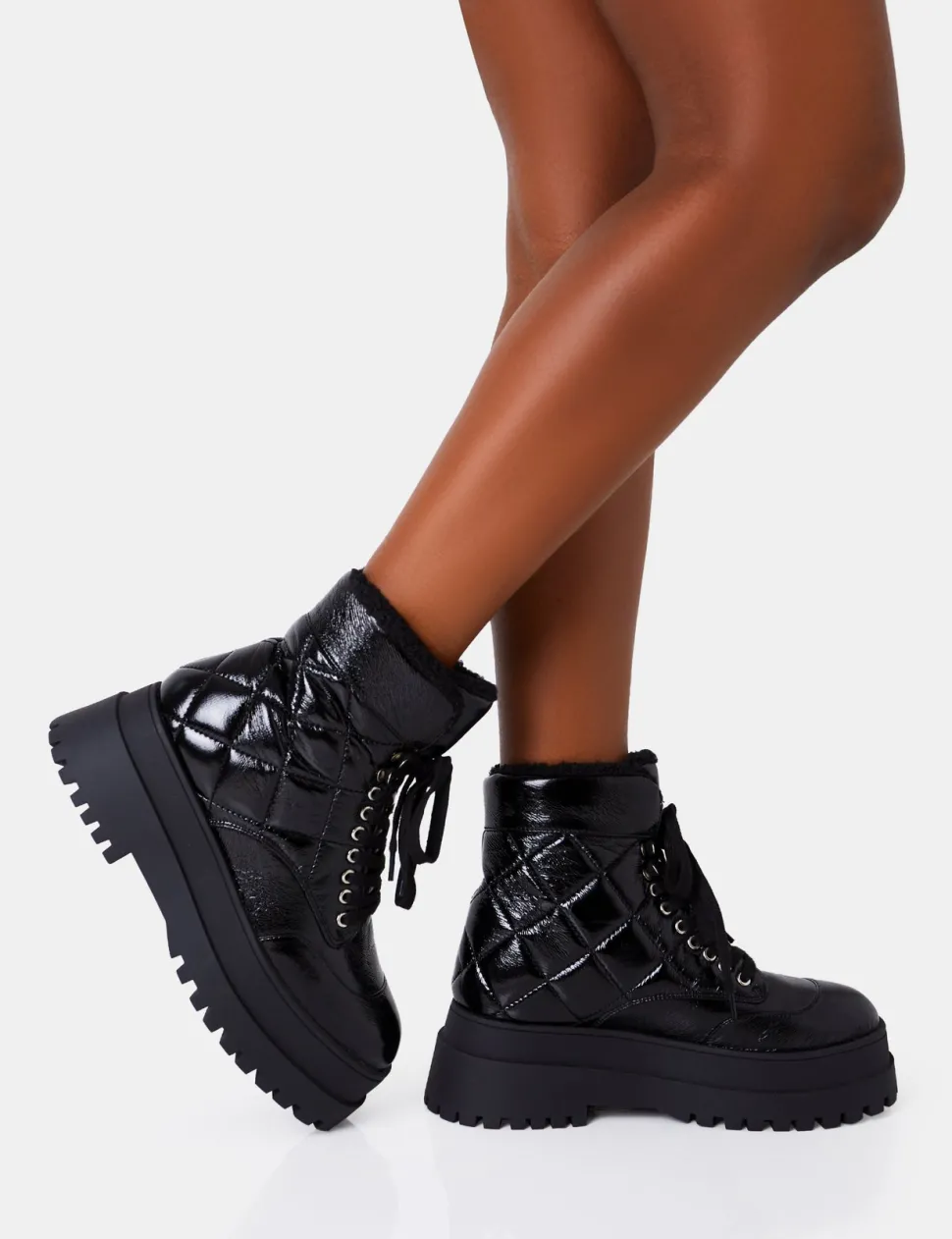 Online Magda Black Patent Quilted Chunky Sole Rounded Toe Ankle Boots Chunky Boots | Ankle Boots