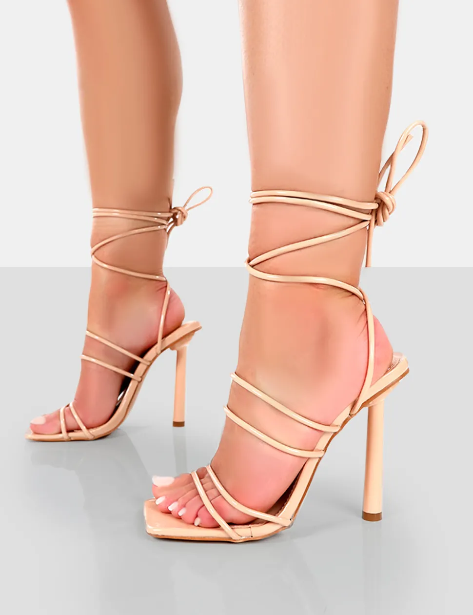 New Make Way Patent Strappy Lace Up Square Toe Stilettos Lace Up Heels | High Heels