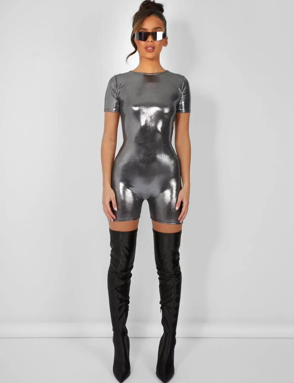 Clearance Metallic Open Back Detail Short Sleeve Unitard Playsuit Jumpsuits & Playsuits