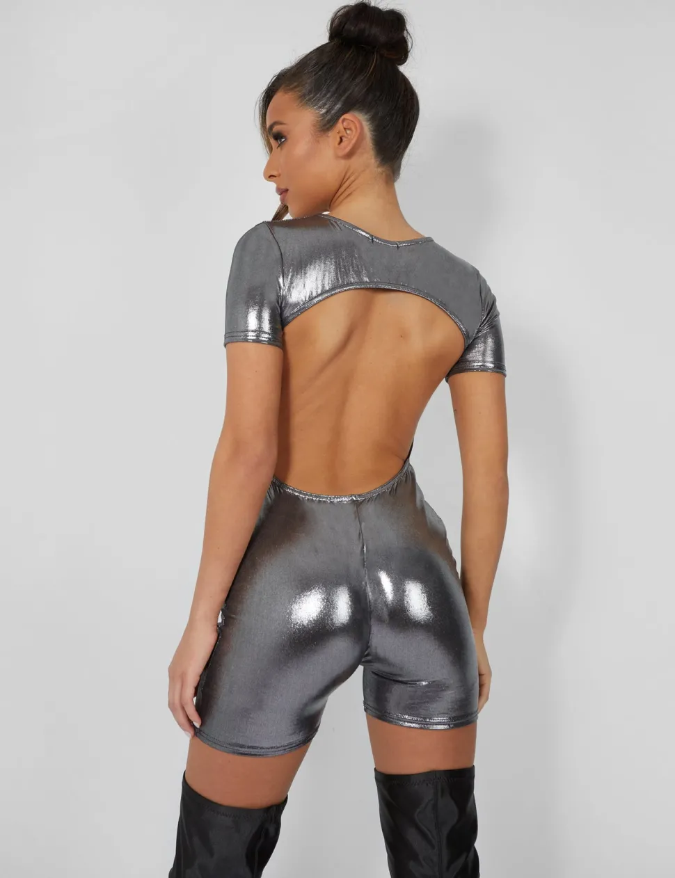 Clearance Metallic Open Back Detail Short Sleeve Unitard Playsuit Jumpsuits & Playsuits