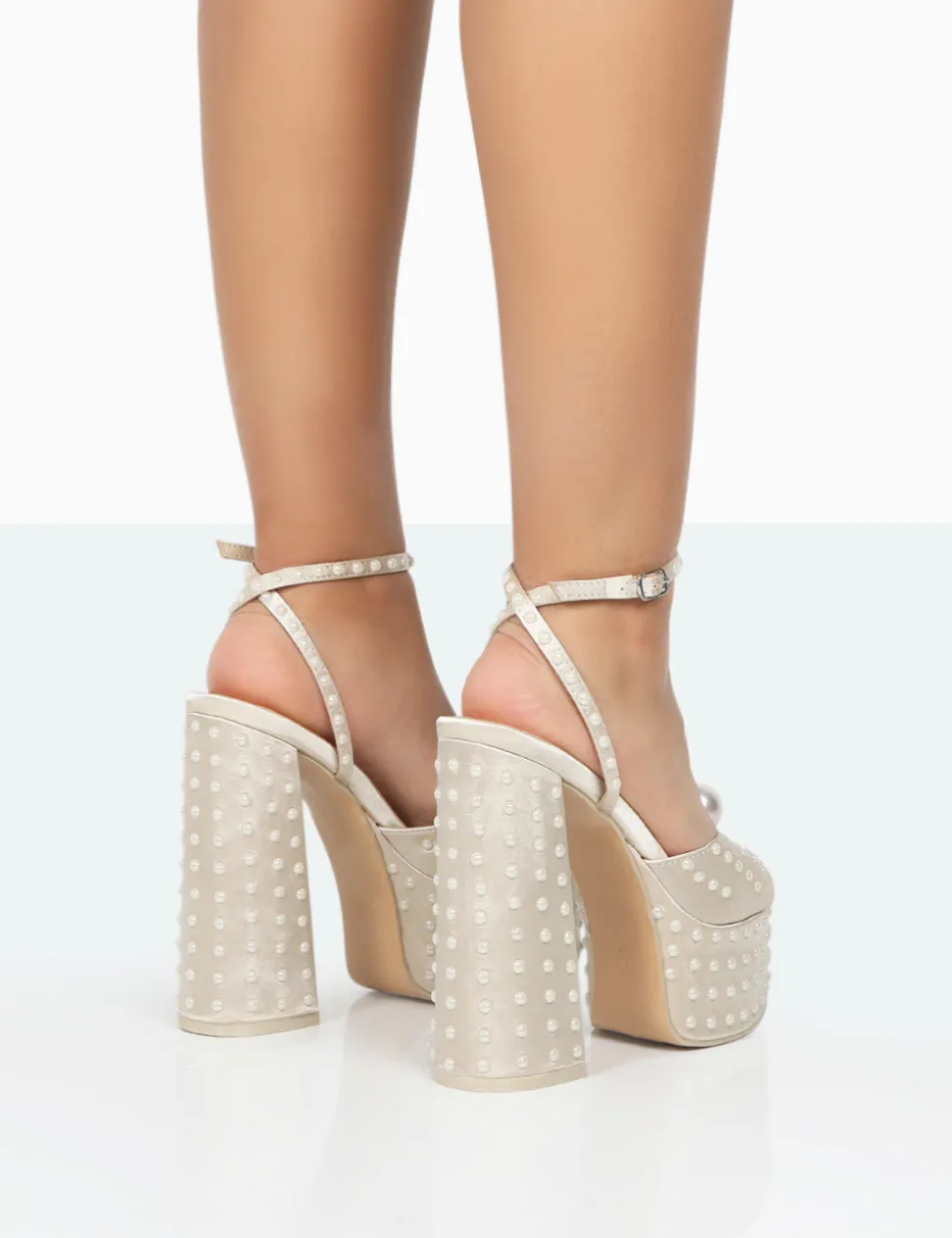 Outlet Mia Ecru Satin Pearl Open Toe Block Platform Heels Block Heels | Platform Heels