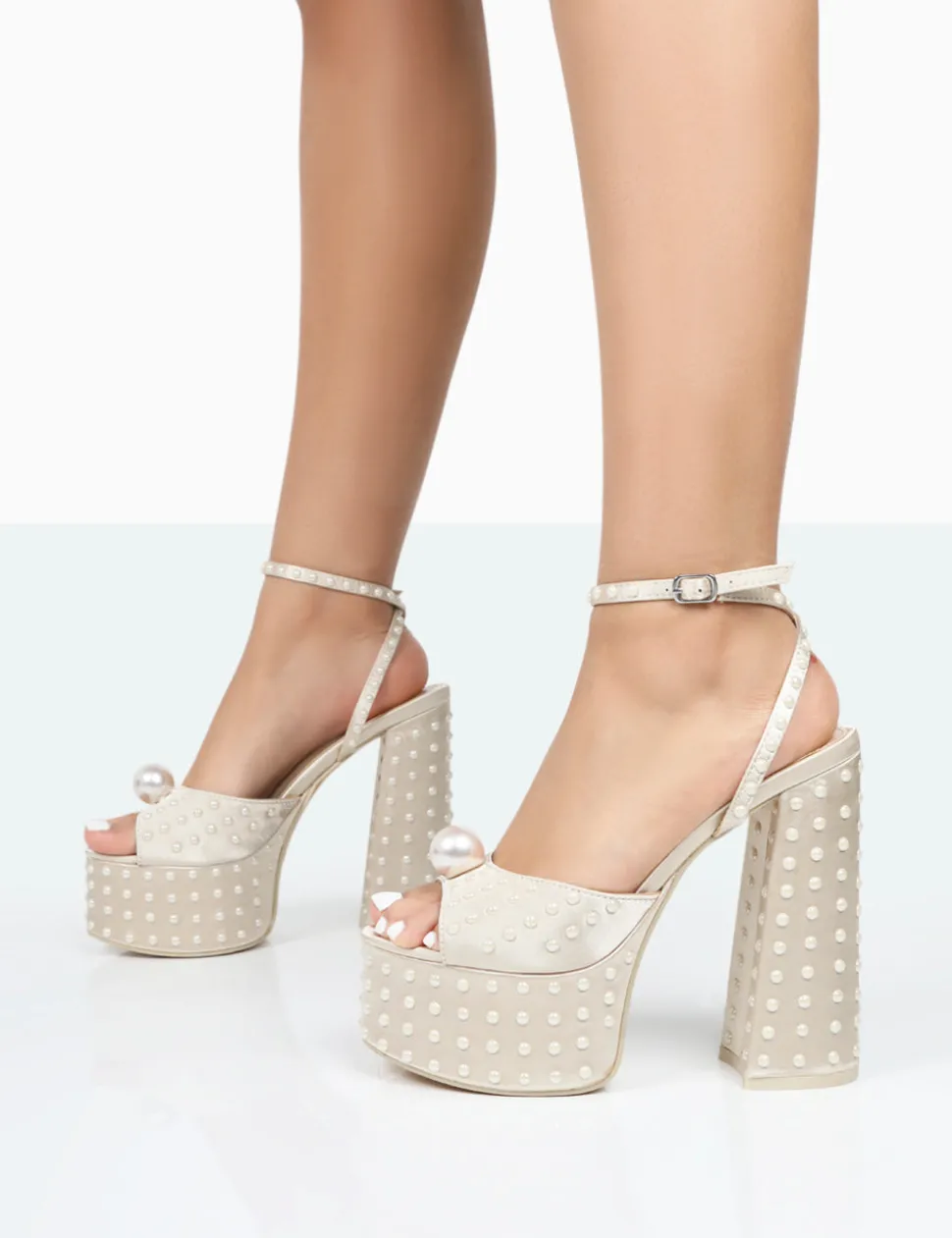 Outlet Mia Ecru Satin Pearl Open Toe Block Platform Heels Block Heels | Platform Heels