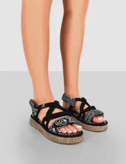Best Sale Miami Printed Rope Flatform Lace Up Sandals Flats