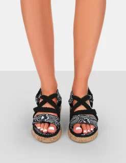 Hot Miami Wide Fit Printed Rope Flatform Lace Up Sandals Wide Fit Flats | Flats