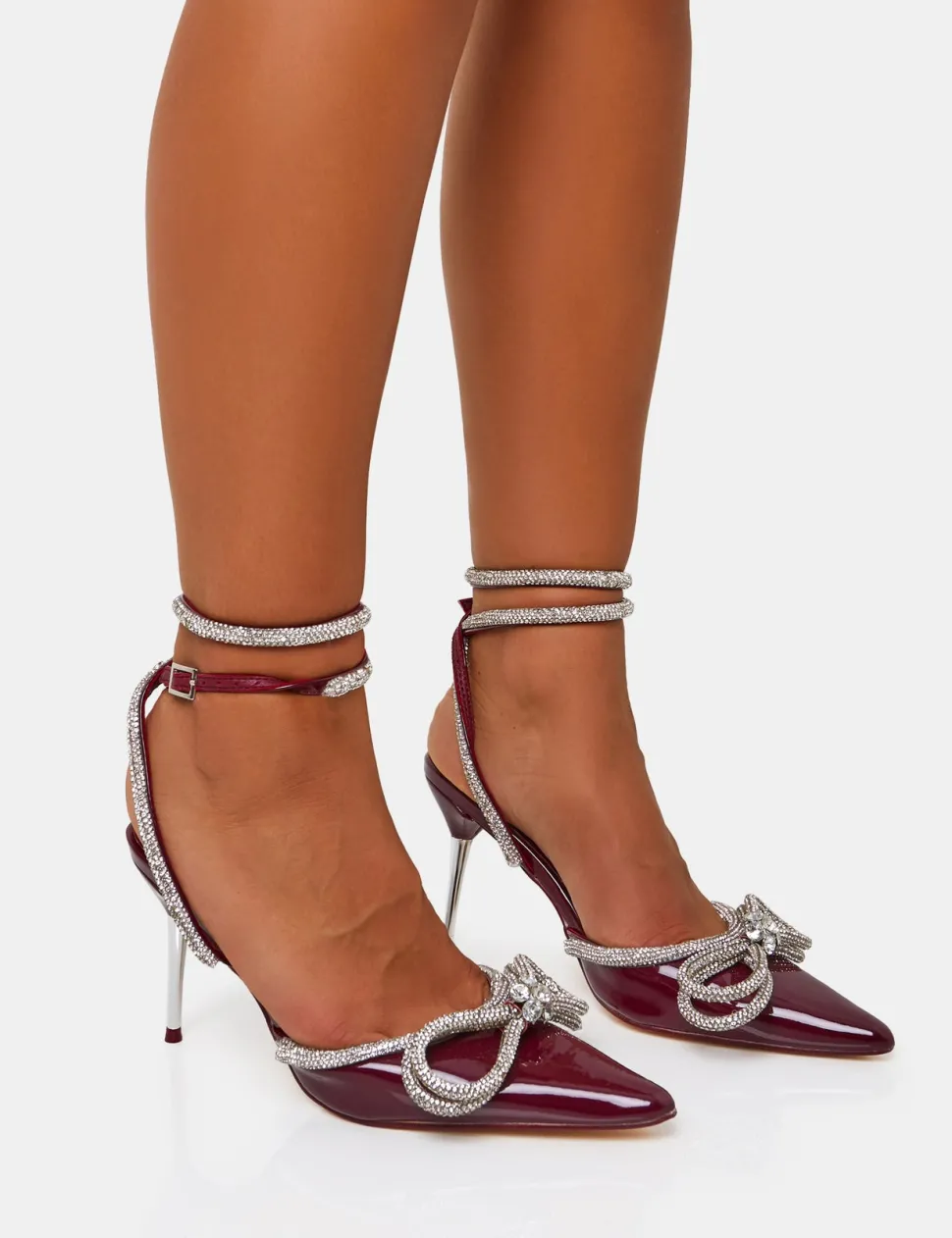 Shop Midnight Burgundy Patent Wrap Around Diamante Pointed Court Mid Heel Court Heels | Diamante Heels