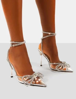 Shop Midnight Perspex Wrap Around Diamante Bow Pointed Toe High Heels Back In Stock | 4" Heels