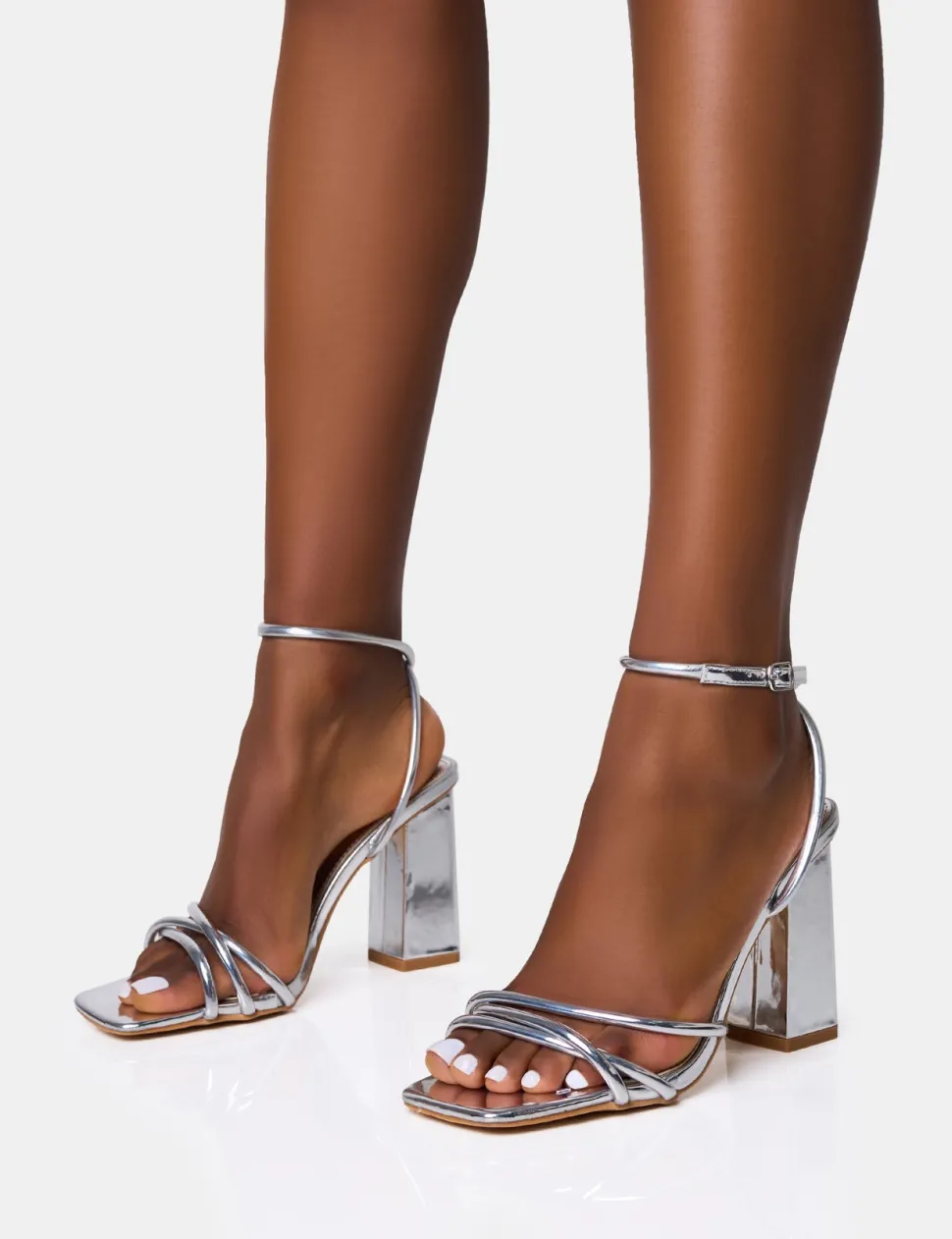 Shop Miley Mirror Strappy Square Toe Block Heels Silver Heels | Square Toe Heels
