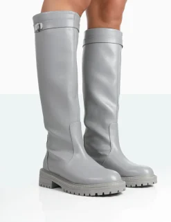 Fashion More Fun PU Round Toe Chunky Sole Knee High Boots Flat Boots | Knee High Boots