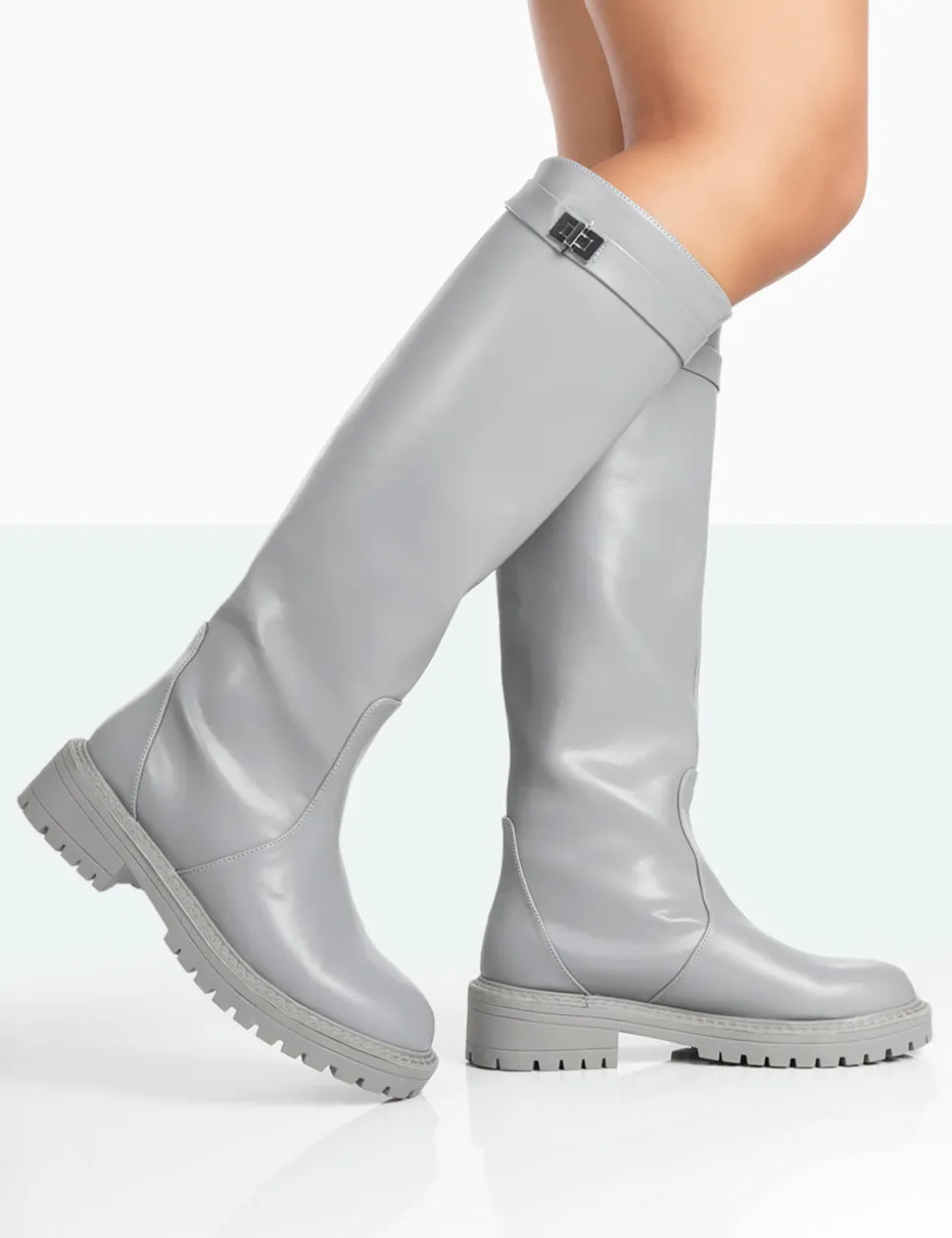 Best Sale More Fun Wide Fit Pu Round Toe Chunky Sole Knee High Boots Wide Fit Boots | Wide Fit Boots