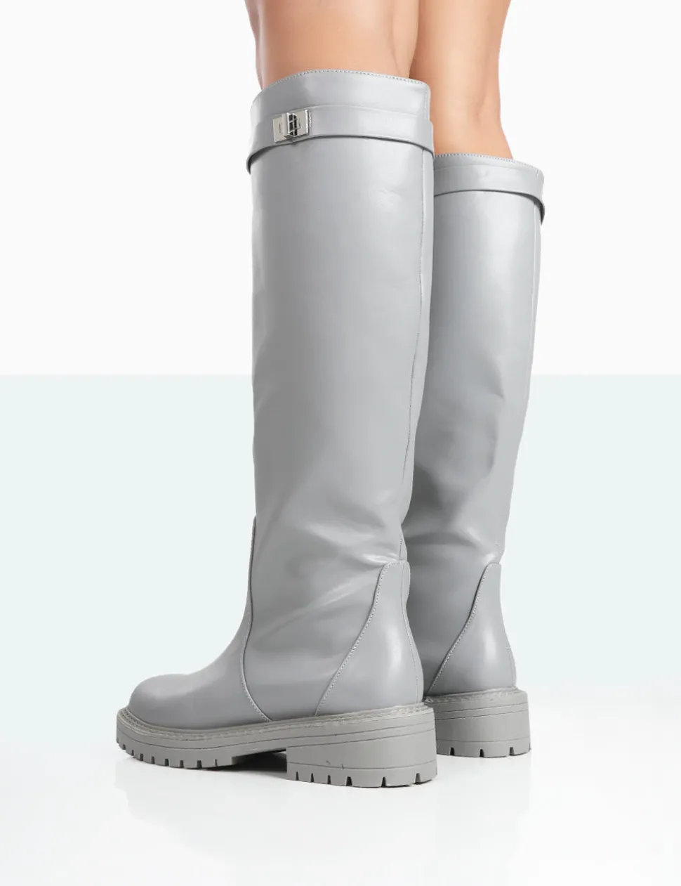 Best Sale More Fun Wide Fit Pu Round Toe Chunky Sole Knee High Boots Wide Fit Boots | Wide Fit Boots