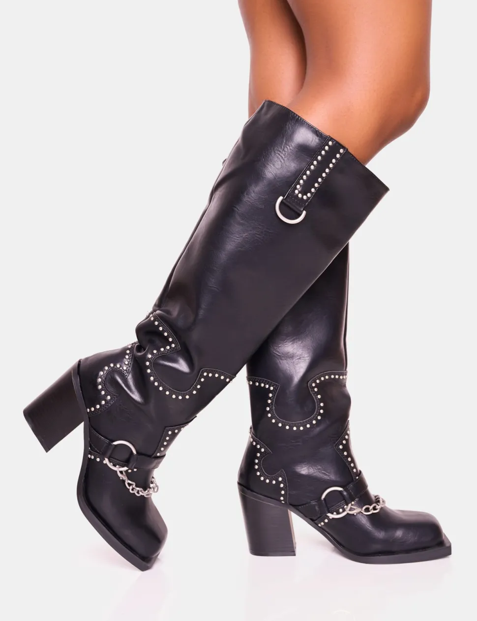 Outlet Nashville Wide Fit Western Studded Block Heel Knee High Boot Wide Fit Block Heels | Block Heels