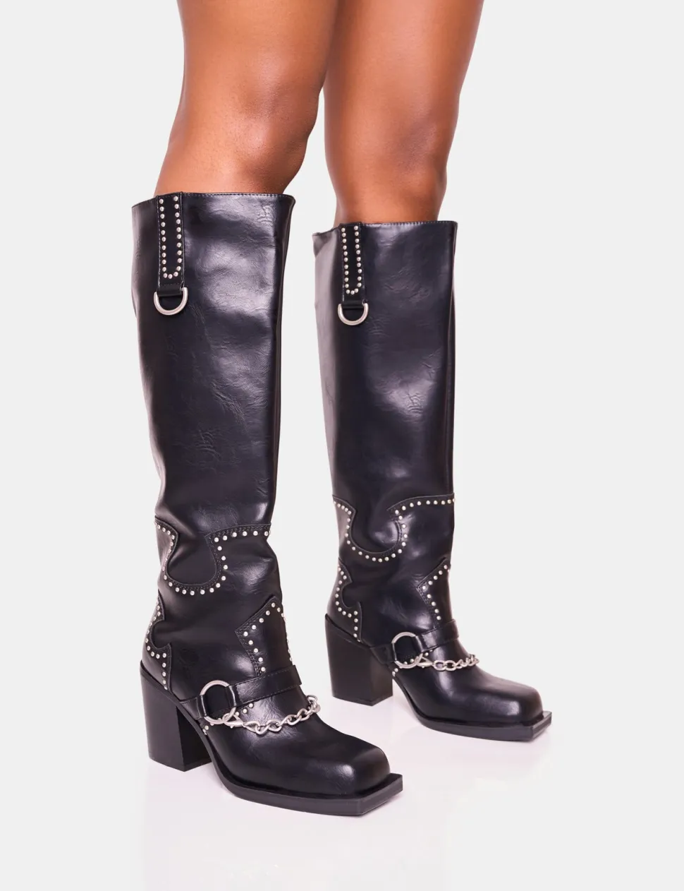 Outlet Nashville Wide Fit Western Studded Block Heel Knee High Boot Wide Fit Block Heels | Block Heels
