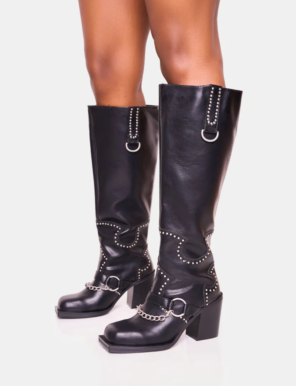 Outlet Nashville Wide Fit Western Studded Block Heel Knee High Boot Wide Fit Block Heels | Block Heels