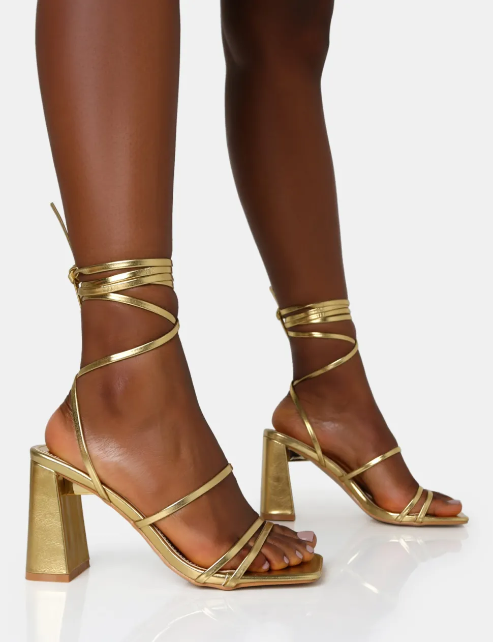 Shop Natty Pu Lace Up Square Toe Mid Block Heels Gold Heels | Square Toe Heels