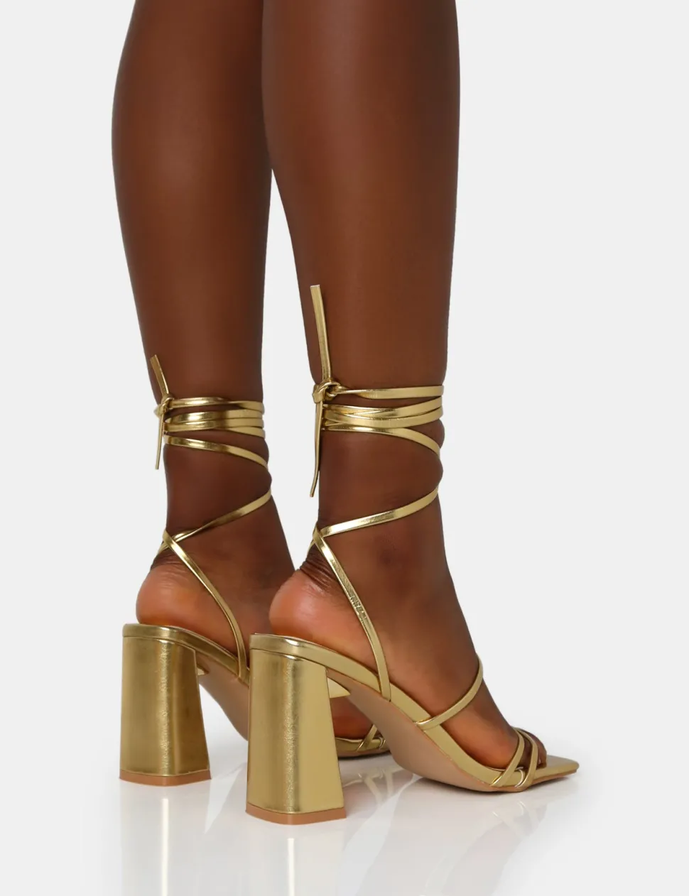 Shop Natty Pu Lace Up Square Toe Mid Block Heels Gold Heels | Square Toe Heels