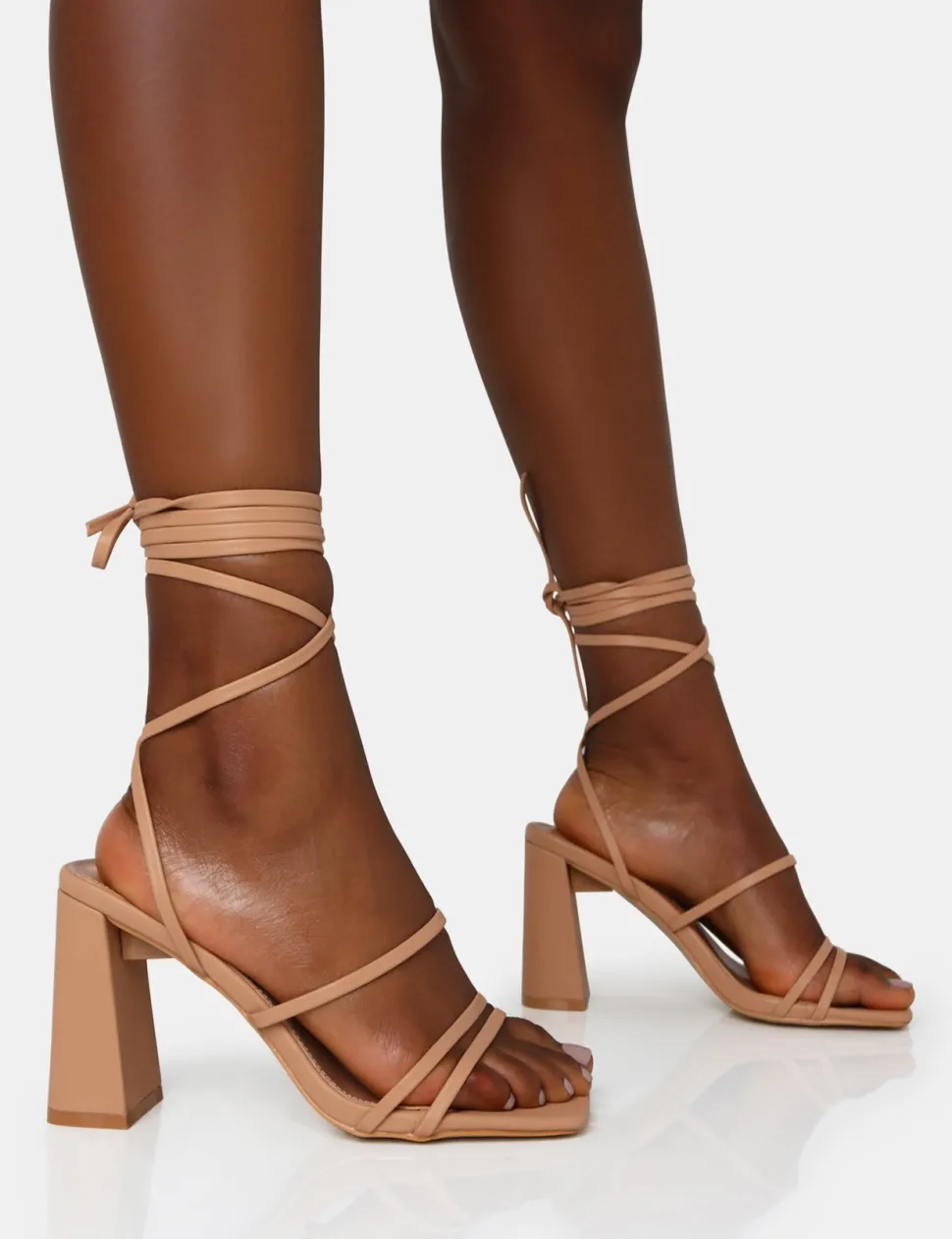 New Natty Wide Fit Nude Pu Lace Up Square Toe Mid Block Heels Wide Fit Block Heels | Wide Fit Heels