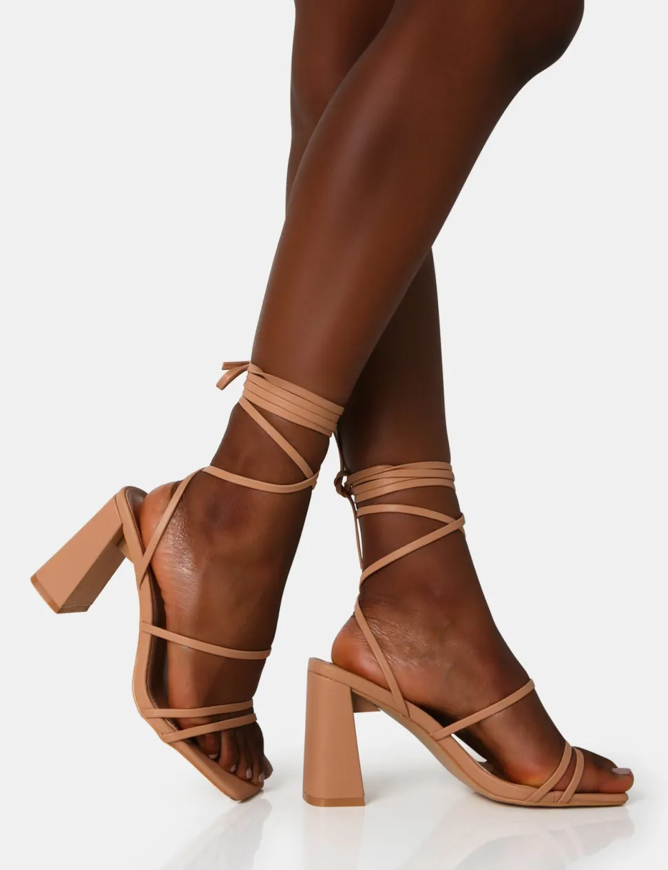New Natty Wide Fit Nude Pu Lace Up Square Toe Mid Block Heels Wide Fit Block Heels | Wide Fit Heels