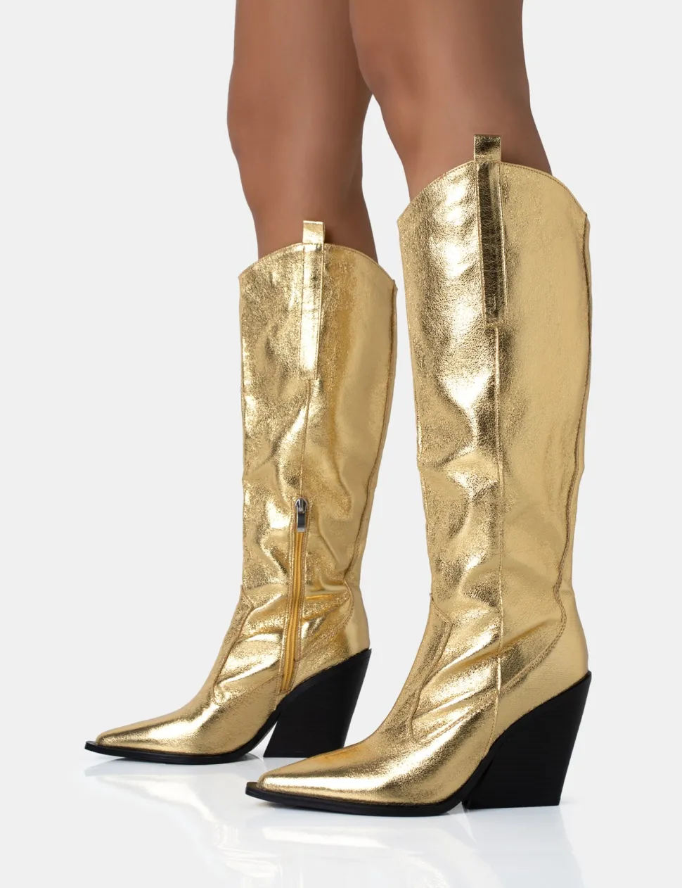 Store Nevada Metallic Western Cowboy Block Heel Knee High Boots Block Heels | Western Boots