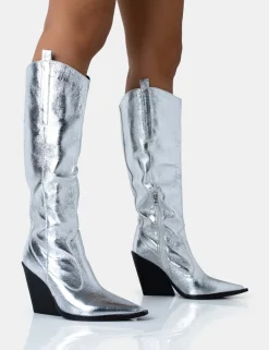 Clearance Nevada Metallic Western Cowboy Block Heel Knee High Boots Block Heels | Western Boots