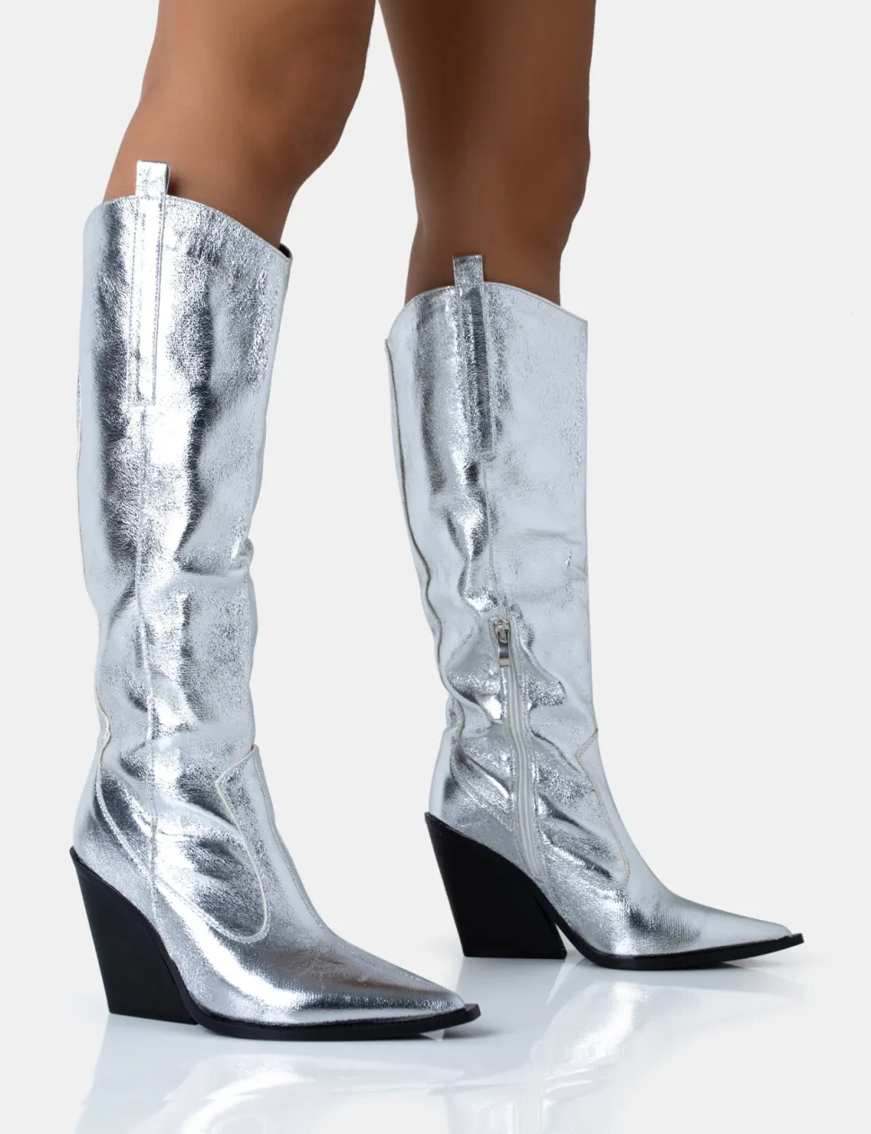 Clearance Nevada Metallic Western Cowboy Block Heel Knee High Boots Block Heels | Western Boots