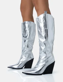 Clearance Nevada Metallic Western Cowboy Block Heel Knee High Boots Block Heels | Western Boots