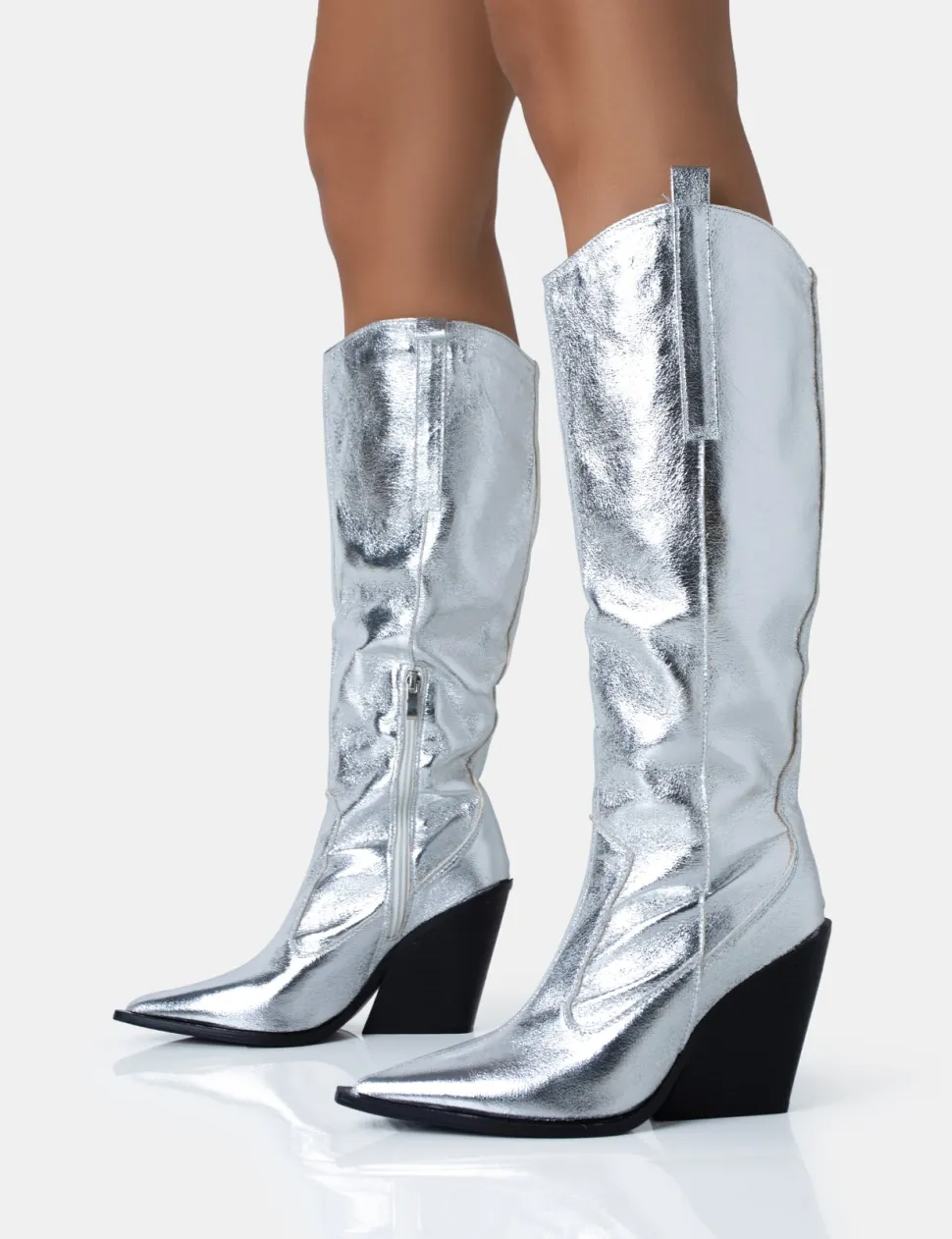 Clearance Nevada Metallic Western Cowboy Block Heel Knee High Boots Block Heels | Western Boots