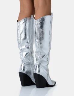 Clearance Nevada Metallic Western Cowboy Block Heel Knee High Boots Block Heels | Western Boots