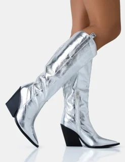 Cheap Nevada Metallic Wide Fit Western Block Heel Knee High Boots Wide Fit Block Heels | Block Heels