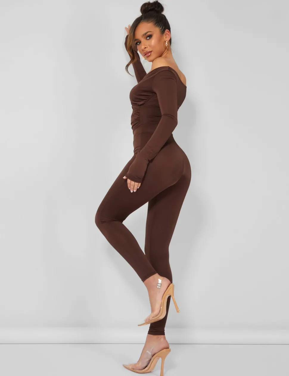 Store Off Shoulder Ruched Long Sleeve Jumpsuit Back In Stock | Jumpsuits & Playsuits