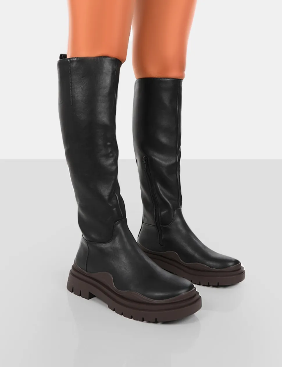 Flash Sale On Point Chocolate Black PU Chunky Sole Knee High Boots Knee High Boots | Long Boots