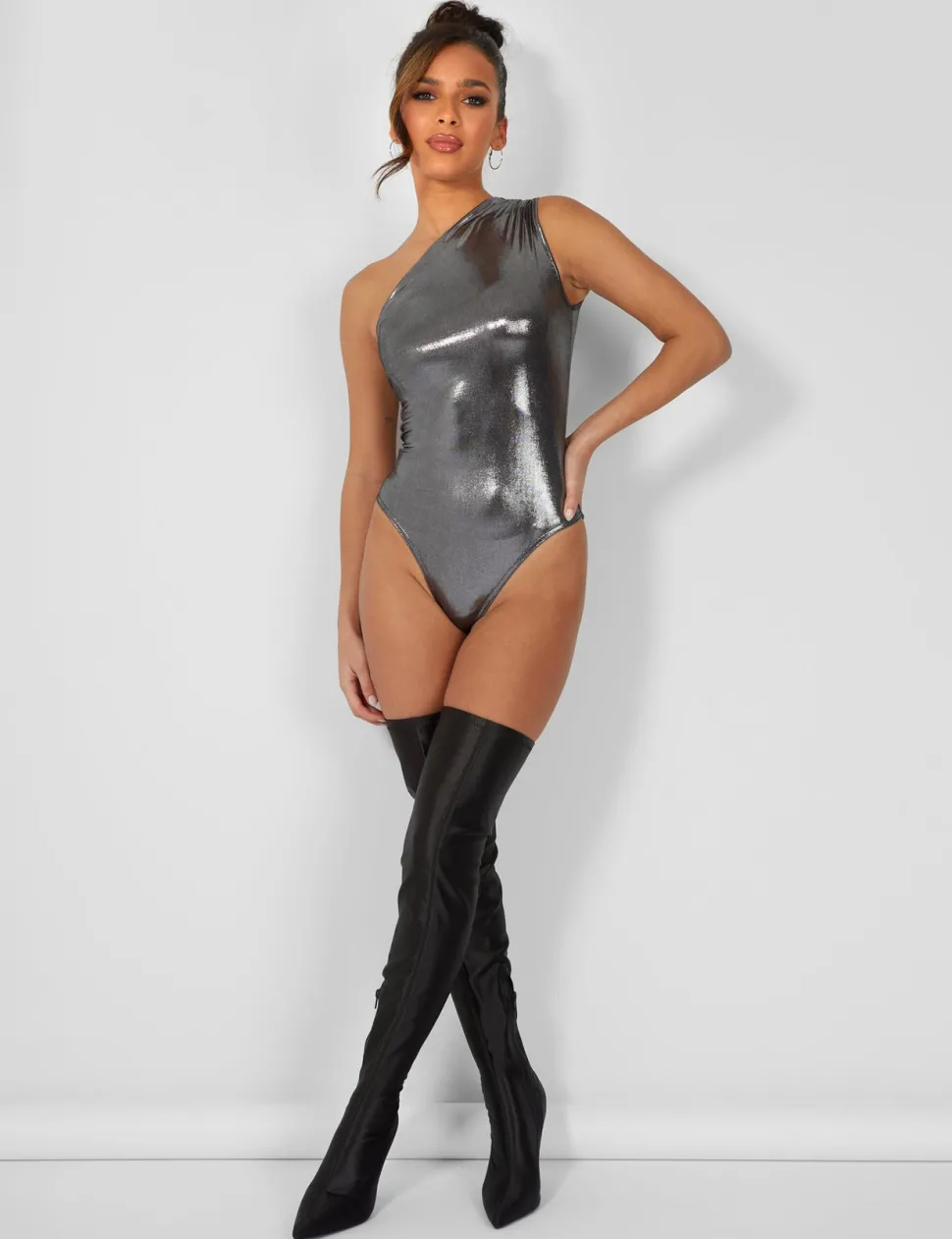 Fashion One Shoulder Ruched Metallic Bodysuit Bodysuits | Tops