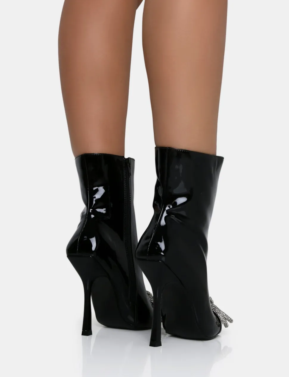 Clearance Orla Patent Diamante Bow Pointed Toe Stiletto Ankle Boots 4" Heels | Diamante Heels