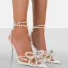 Shop Pearl Bow Clear Perspex Wrap Around Pointed Toe Stiletto Court Heels 4" Heels | Court Heels