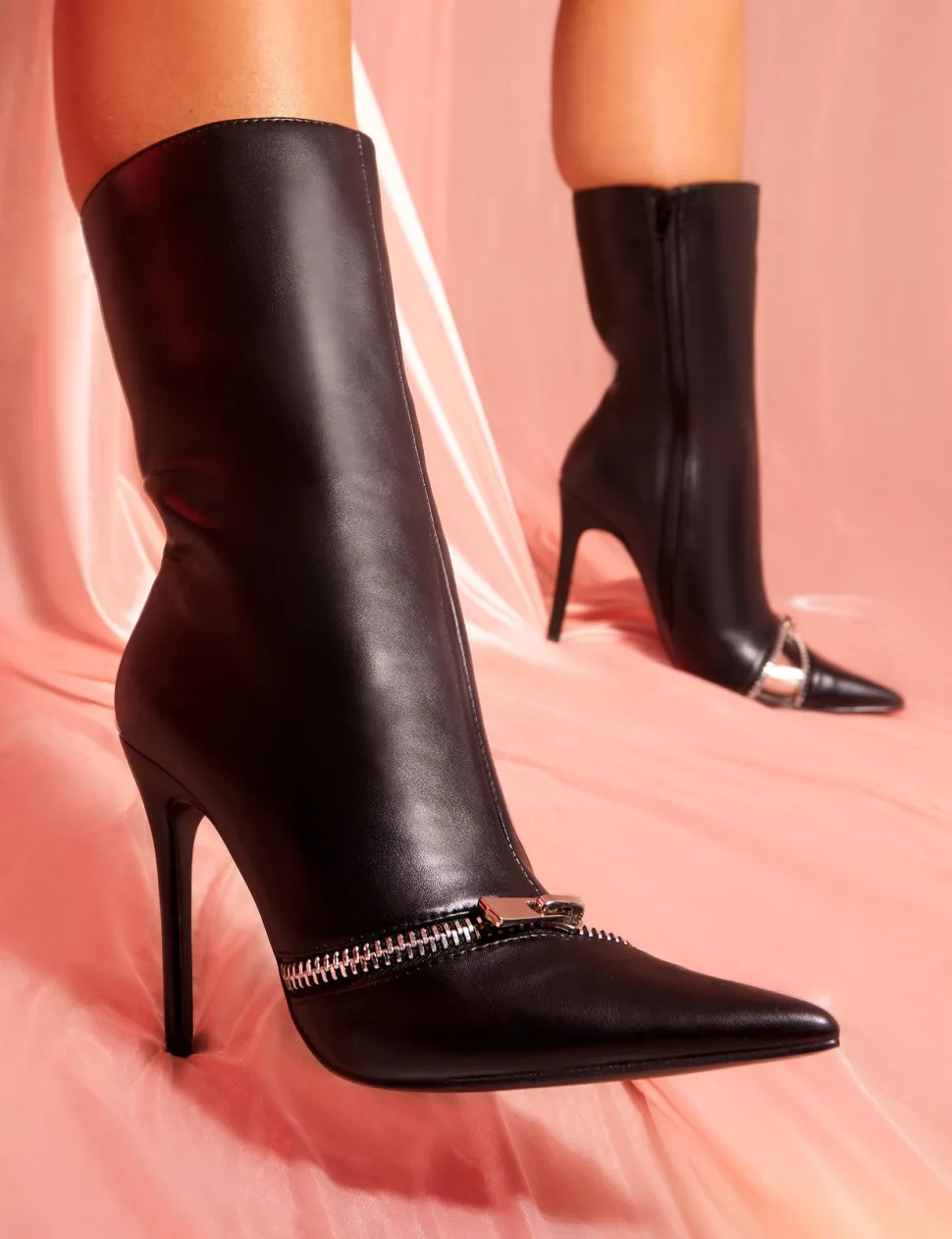 Fashion Pitstop Pu Zip Detail Pointed Toe Stiletto Heel Ankle Boots High Heels | Heeled Boots