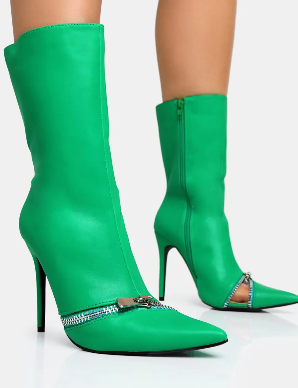 Cheap Pitstop Green Pu Zip Detail Pointed Toe Stiletto Heel Ankle Boots High Heels | Heeled Boots