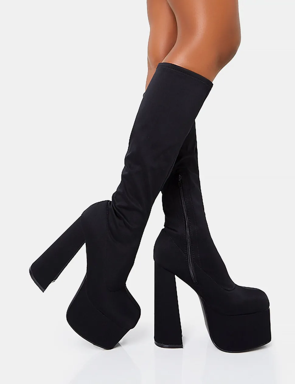 New Polished Black Nylon Platform Rounded Block Heeled Knee High Boots Square Toe Heels | Platform Heels